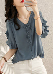 Fine Blue V Neck Ruffled Patchwork Chiffon Shirts Summer