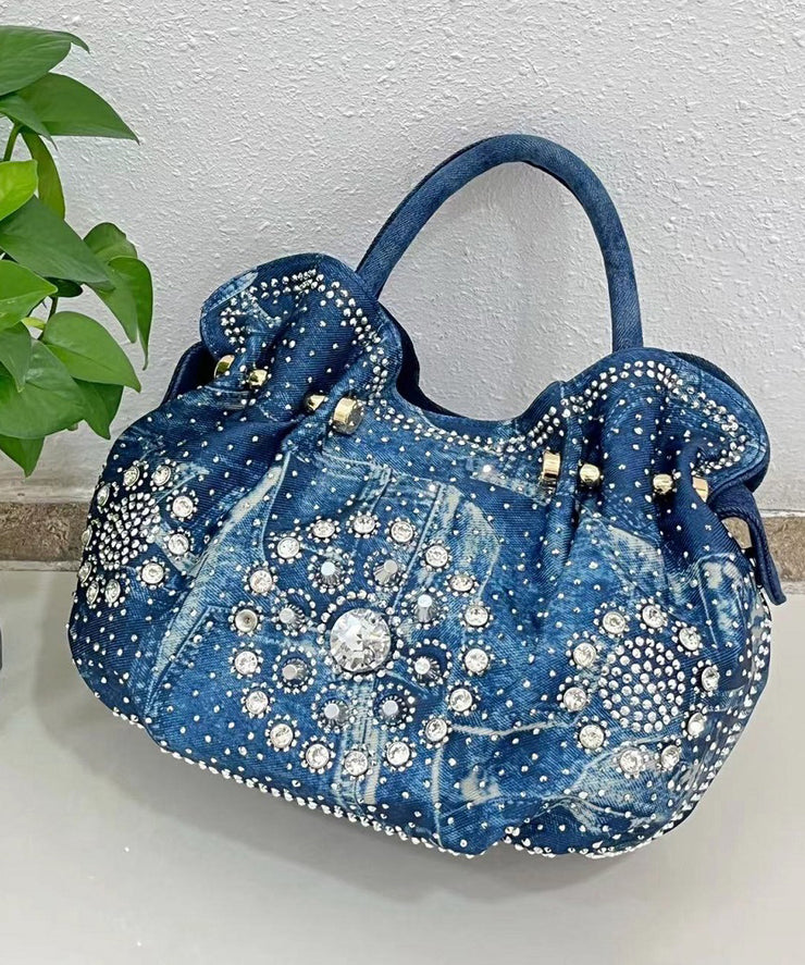 Fine Blue Zircon Solid Durable Denim Tote Handbag