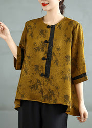 Fine Brown Chinese Button Print Silk Tops Bracelet Sleeve