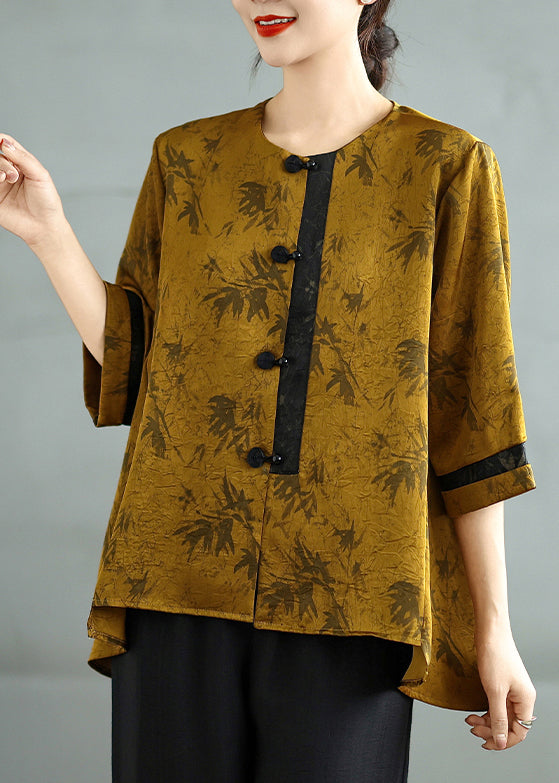 Fine Brown Chinese Button Print Silk Tops Bracelet Sleeve