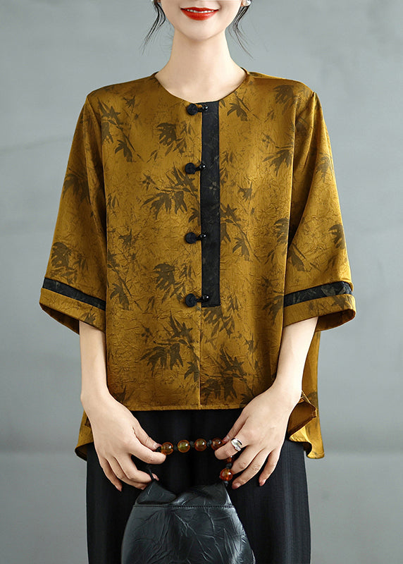 Fine Brown Chinese Button Print Silk Tops Bracelet Sleeve