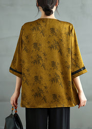 Fine Brown Chinese Button Print Silk Tops Bracelet Sleeve