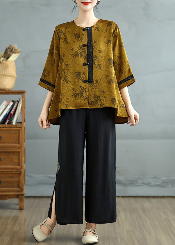 Fine Brown Chinese Button Print Silk Tops Bracelet Sleeve
