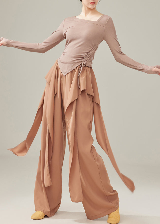 Fine Brown Elastic Waist Cotton Straight Pants Fall