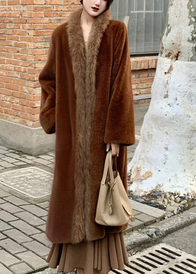 Fine Brown Patchwork Long Faux Fur Coat Winter