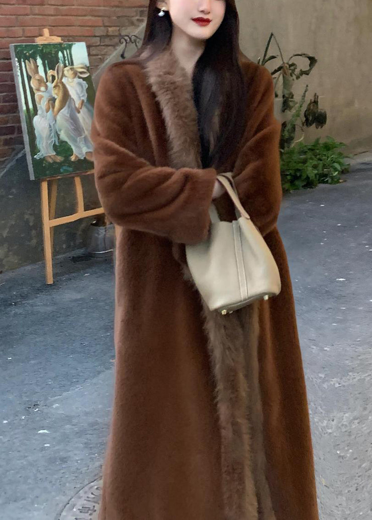 Fine Brown Patchwork Long Faux Fur Coat Winter