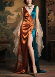 Fine Caramel Asymmetrical Patchwork Side Open Silk Vestidos Dresses Summer
