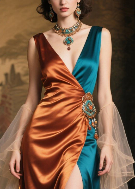 Fine Caramel Asymmetrical Patchwork Side Open Silk Vestidos Dresses Summer