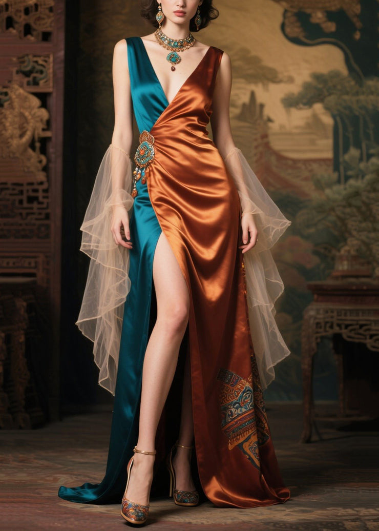 Fine Caramel Asymmetrical Patchwork Side Open Silk Vestidos Dresses Summer