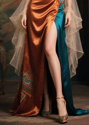 Fine Caramel Asymmetrical Patchwork Side Open Silk Vestidos Dresses Summer