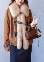 Fine Caramel Fox Collar Pockets Patchwork Fine Cotton Filled Parka Winter