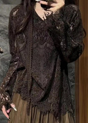 Fine Chocolate V Neck  Hollow Out Lace Shirt Top Flare Sleeve