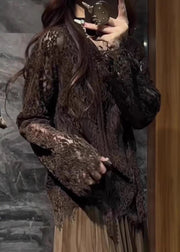 Fine Chocolate V Neck  Hollow Out Lace Shirt Top Flare Sleeve