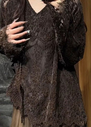 Fine Chocolate V Neck  Hollow Out Lace Shirt Top Flare Sleeve
