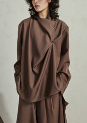 Fine Coffee Asymmetrical Button Shirt Lantern Sleeve