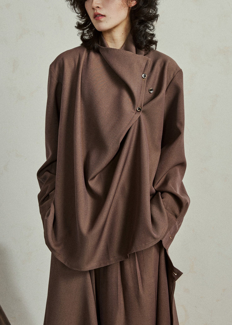 Fine Coffee Asymmetrical Button Shirt Lantern Sleeve