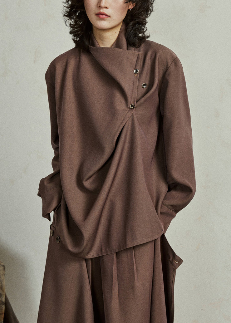 Fine Coffee Asymmetrical Button Shirt Lantern Sleeve