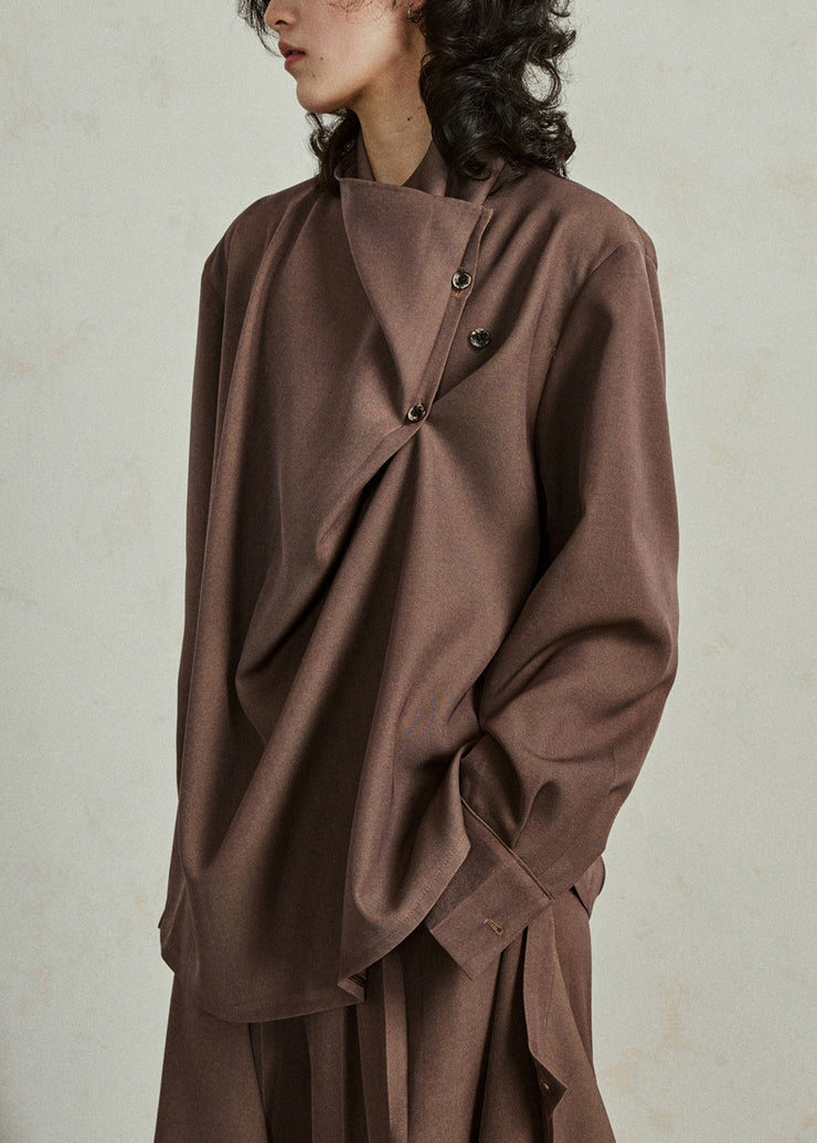 Fine Coffee Asymmetrical Button Shirt Lantern Sleeve