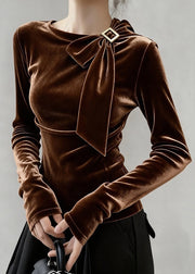 Fine Coffee Bow Solid Silk Velour T Shirt Tops Winter