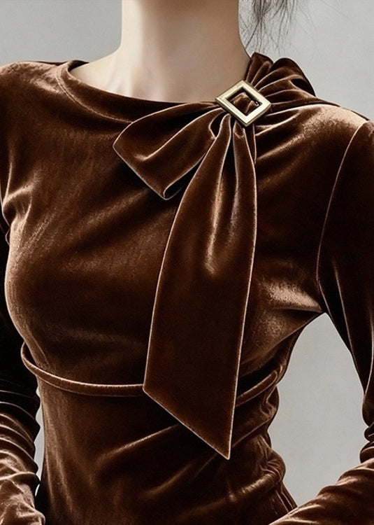 Fine Coffee Bow Solid Silk Velour T Shirt Tops Winter