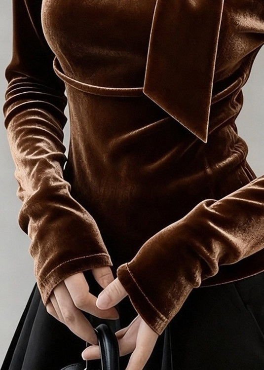Fine Coffee Bow Solid Silk Velour T Shirt Tops Winter