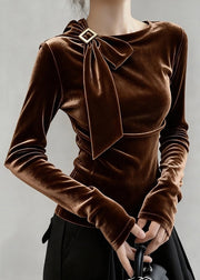 Fine Coffee Bow Solid Silk Velour T Shirt Tops Winter
