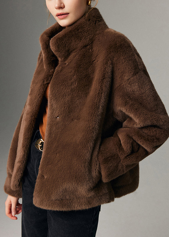 Fine Coffee Pockets Warm Mink Velvet Coat Fall