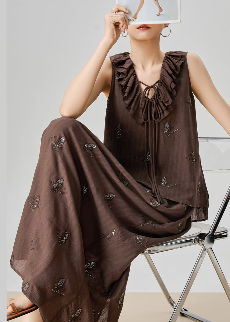 Fine Coffee Ruffled Print Lace Up Cotton Two Piece Set Sleeveless
