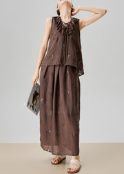Fine Coffee Ruffled Print Lace Up Cotton Two Piece Set Sleeveless