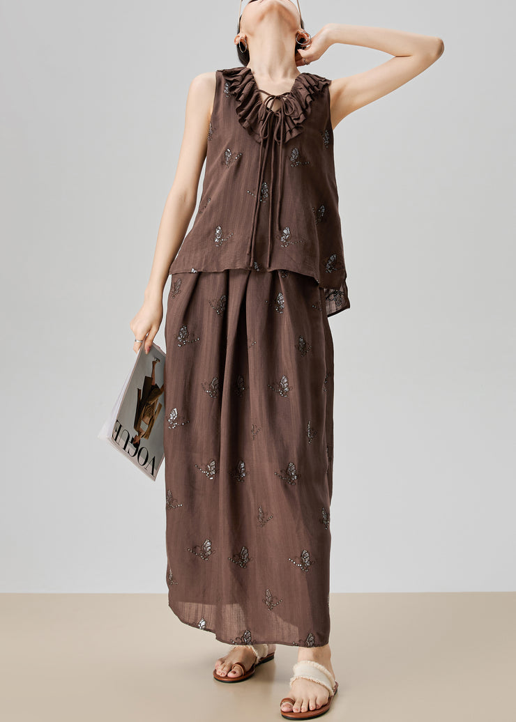 Fine Coffee Ruffled Print Lace Up Cotton Two Piece Set Sleeveless