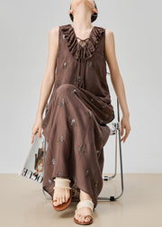 Fine Coffee Ruffled Print Lace Up Cotton Two Piece Set Sleeveless