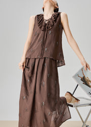 Fine Coffee Ruffled Print Lace Up Cotton Two Piece Set Sleeveless