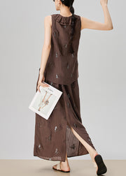 Fine Coffee Ruffled Print Lace Up Cotton Two Piece Set Sleeveless