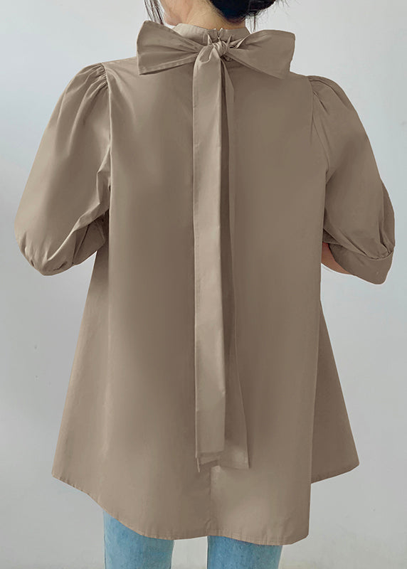Fine Coffee Stand Collar Bow Chiffon Shirts Half Sleeve
