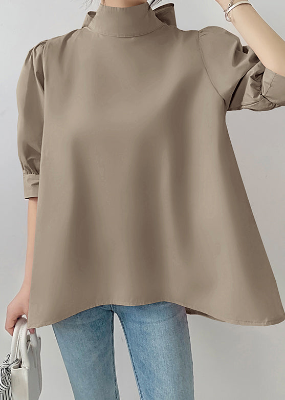 Fine Coffee Stand Collar Bow Chiffon Shirts Half Sleeve