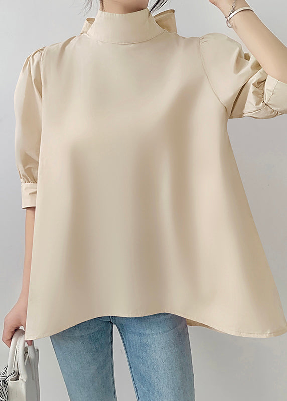 Fine Coffee Stand Collar Bow Chiffon Shirts Half Sleeve