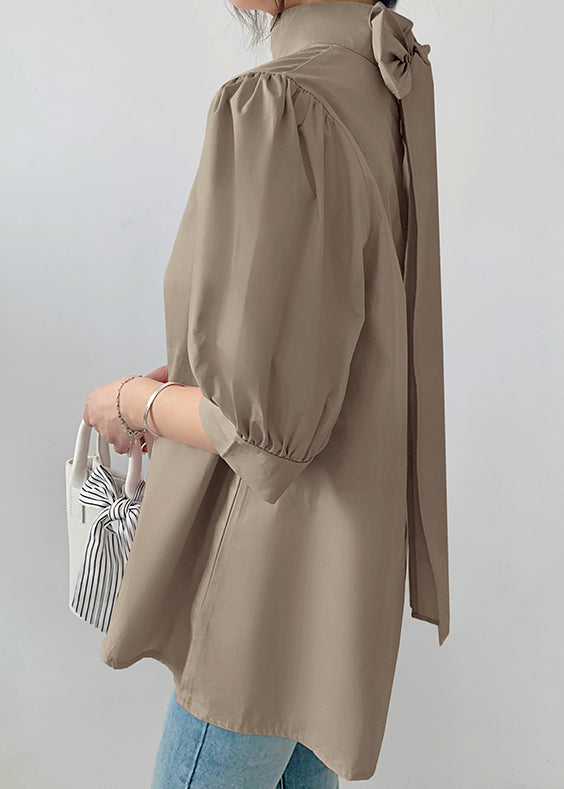 Fine Coffee Stand Collar Bow Chiffon Shirts Half Sleeve