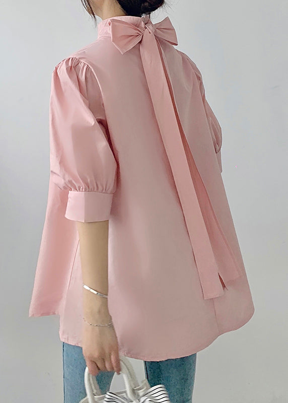 Fine Coffee Stand Collar Bow Chiffon Shirts Half Sleeve