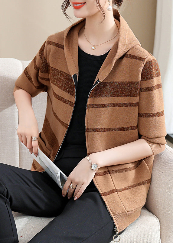 Fine Coffee Striped Patchwork Cotton Knit Hooded Cardigans Fall