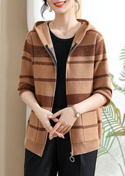 Fine Coffee Striped Patchwork Cotton Knit Hooded Cardigans Fall