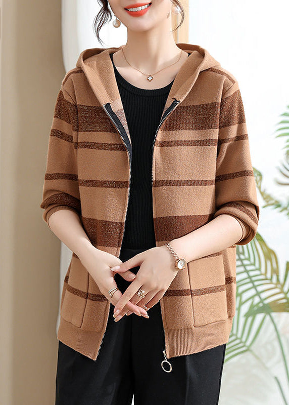 Fine Coffee Striped Patchwork Cotton Knit Hooded Cardigans Fall