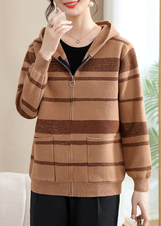 Fine Coffee Striped Patchwork Cotton Knit Hooded Cardigans Fall