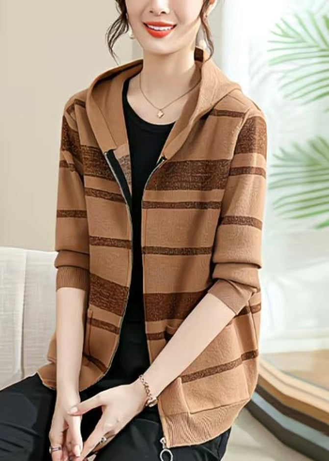 Fine Coffee Striped Patchwork Cotton Knit Hooded Cardigans Fall