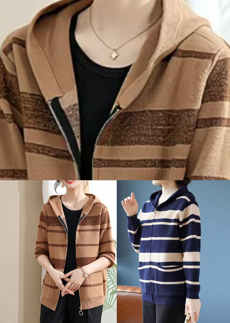 Fine Coffee Striped Patchwork Cotton Knit Hooded Cardigans Fall
