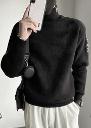 Fine Coffee Turtleneck Letter Thick Knit Sweater Men Winter