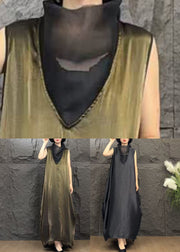 Fine Coffee Turtleneck Patchwork Silk Long Dress Sleeveless