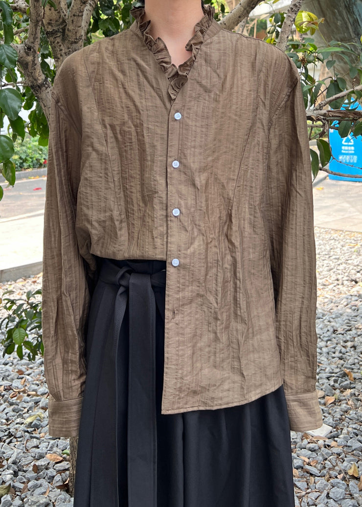 Fine Coffee V Neck Button Solid Cotton Men Shirts