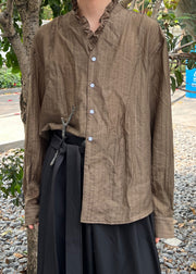Fine Coffee V Neck Button Solid Cotton Men Shirts