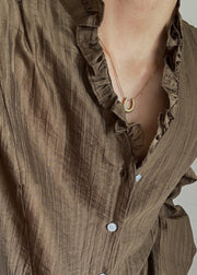 Fine Coffee V Neck Button Solid Cotton Men Shirts