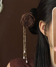 Fine Coffee Wooden Pearl Rose Tassel Hairpin